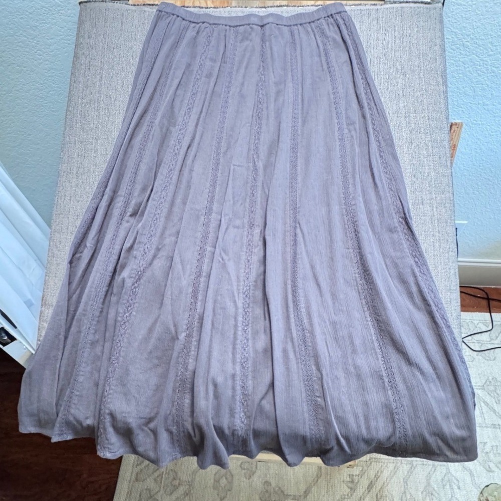 Garnet Hill Womens 16 Maxi Skirt Gray Cotton Lace Trim Elastic Waist Boho Skir